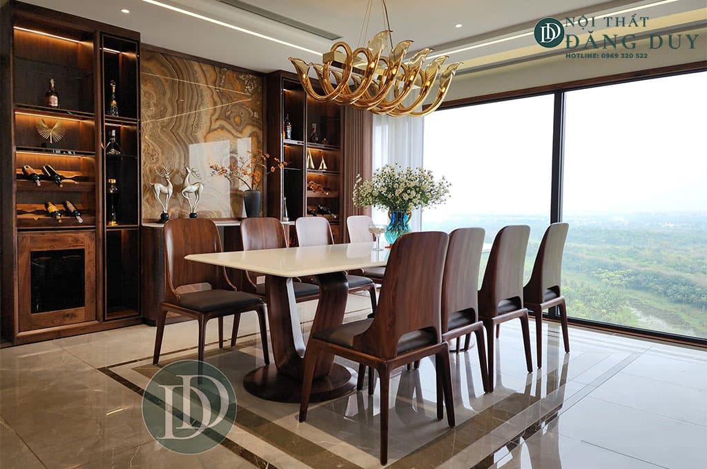 Bộ bàn ghế ăn gỗ óc chó mặt đá BGA04